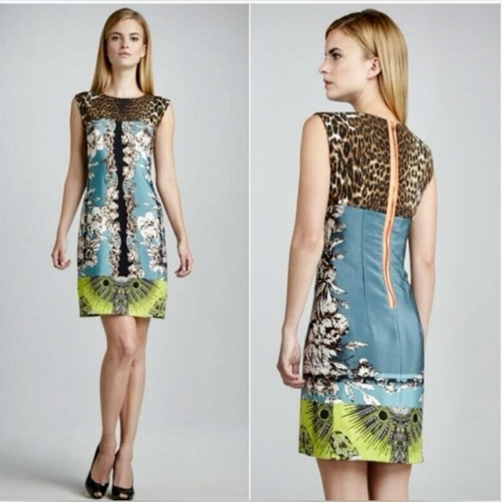 Elie Tahari Teal, Leopard & Lime Print Cap-Sleeve Sheath Dress
